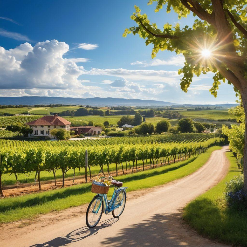 A scenic rural landscape featuring a winding bike path surrounded by vineyards, with cyclists enjoying the ride and a picnic area with a wine tasting setup, complete with wine glasses and a cheese platter. The sky is bright blue with fluffy clouds, and the sun casts a warm glow on the scene. Adding a touch of adventure, include a vintage bicycle leaning against a tree, with wine bottles nestled in the basket. super-realistic. vibrant colors. outdoor setting.