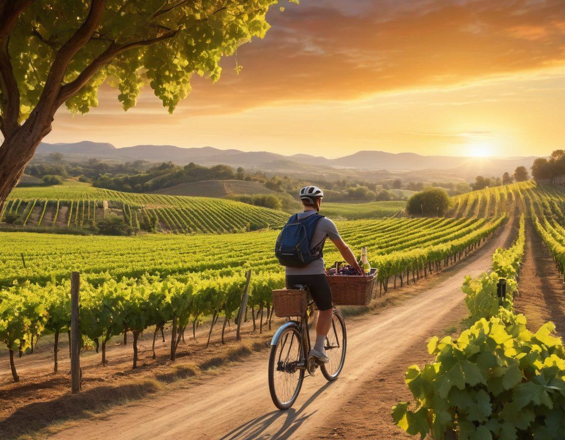 A cyclist riding through a picturesque vineyard, surrounded by lush green hills and rows of grapevines, with a basket filled with wine bottles on the bike. In the background, a sunset casts a warm glow over the scene, highlighting the adventure of merging cycling and wine tasting. A soft breeze carries the scent of grapes, evoking a sense of freedom and exploration. The atmosphere is vibrant and inviting, perfect for nature and wine lovers. super-realistic. vibrant colors. 3D.
