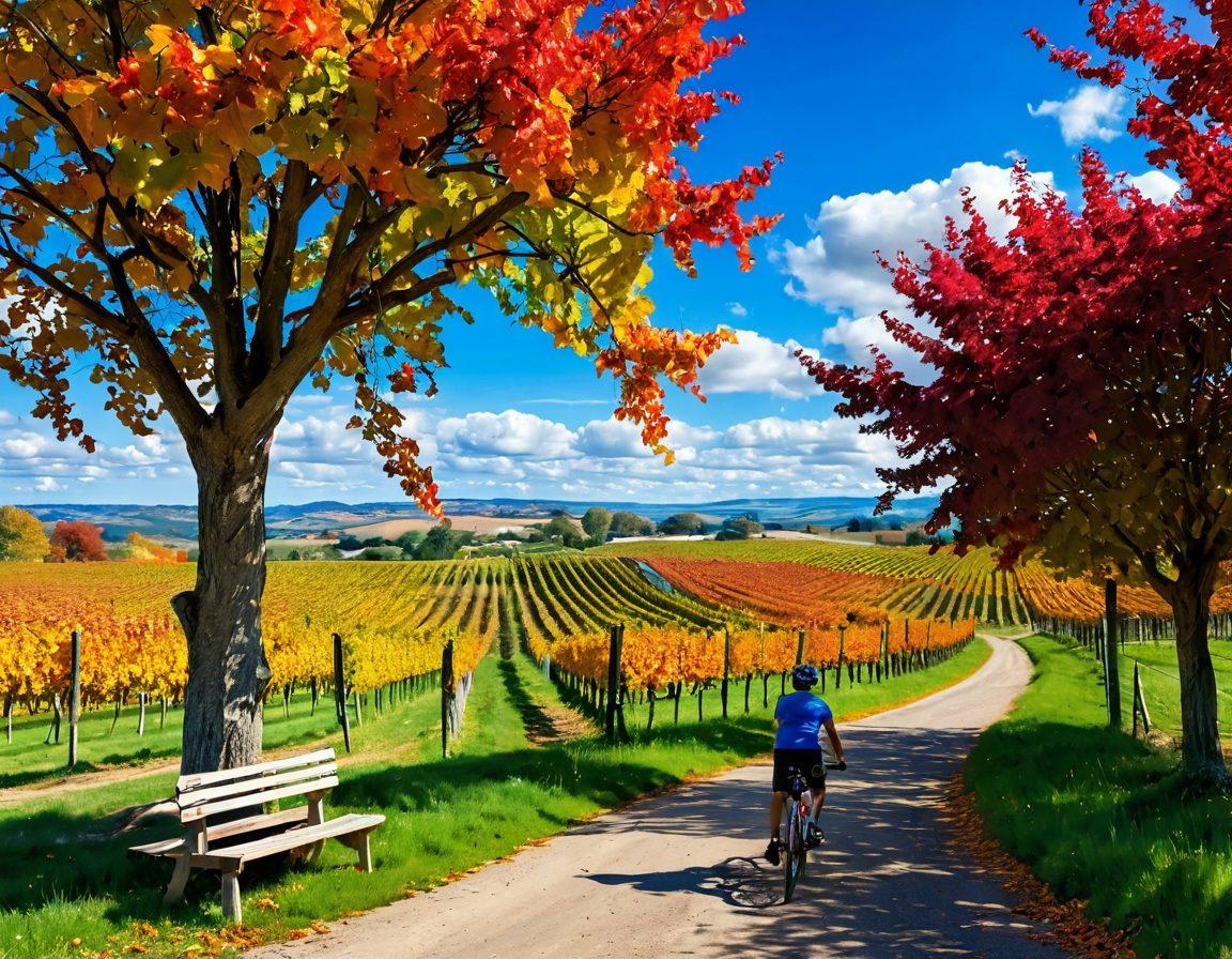 A picturesque vineyard landscape with lush green vines stretching towards the horizon, interspersed with winding bike paths. In the foreground, a cyclist is pausing to enjoy a glass of wine, surrounded by ripe grapes and colorful autumn leaves. The sky is bright blue, dotted with fluffy white clouds, suggesting a perfect day for leisure. Include rustic wooden barrels and a charming farmhouse to enhance the wine experience. vibrant colors. super-realistic.